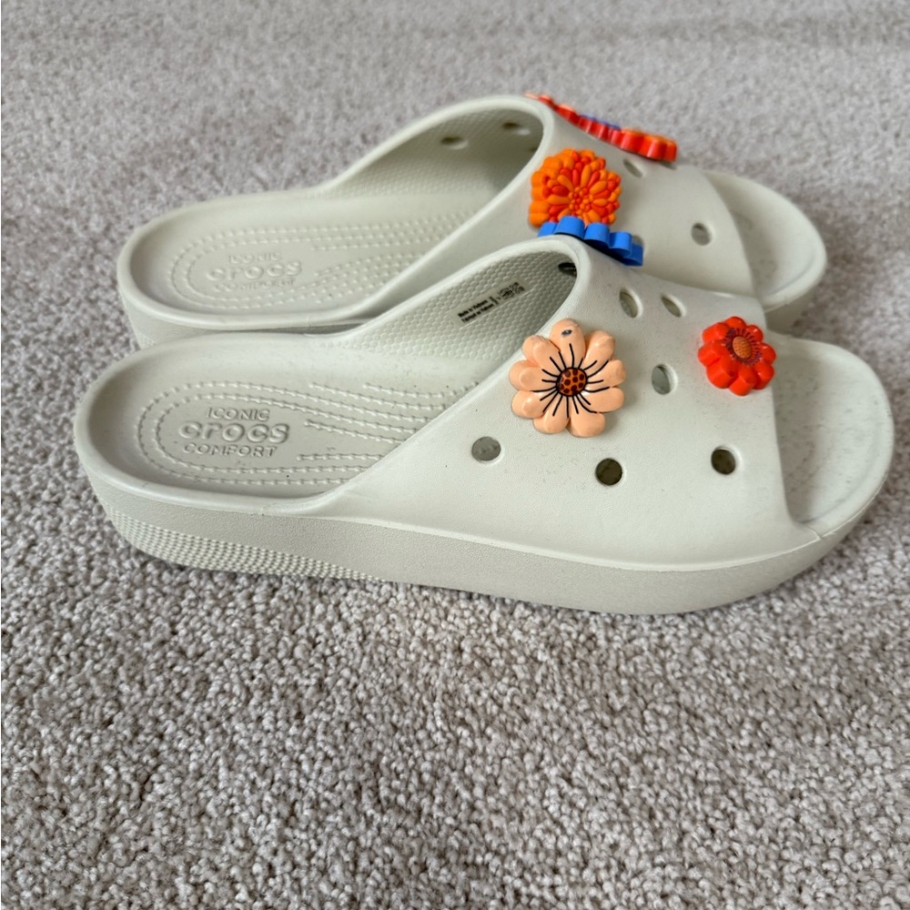 White Crocs Slides with Colorful Flower Accents